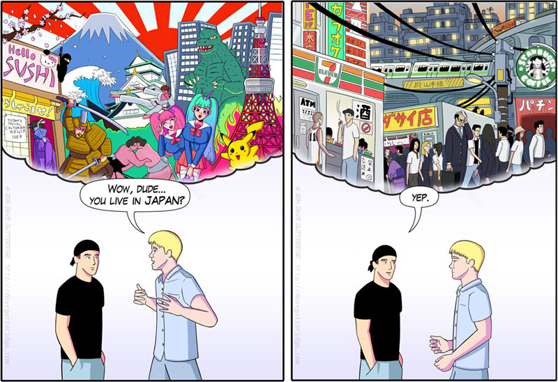 Comic about what one expects Japan is like versus reality