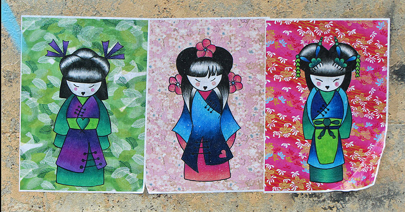 Series of artwork of a Japanese girl in a kimono