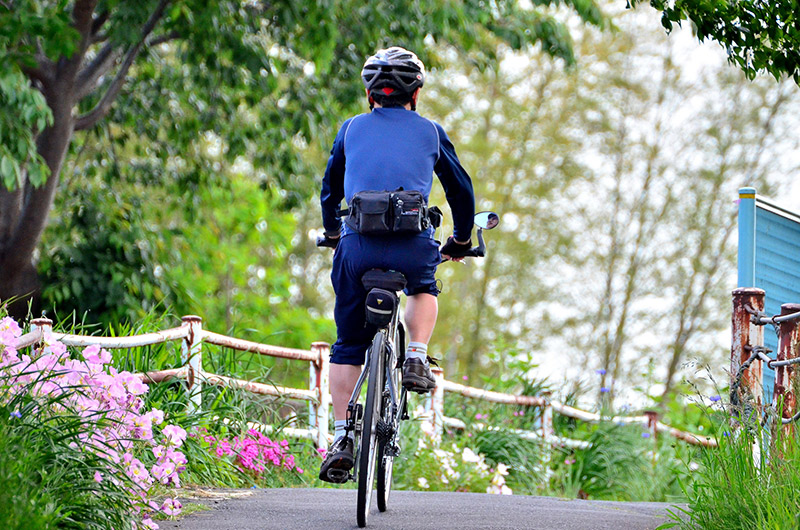 Man riding his bicycle through the Japanese countryside