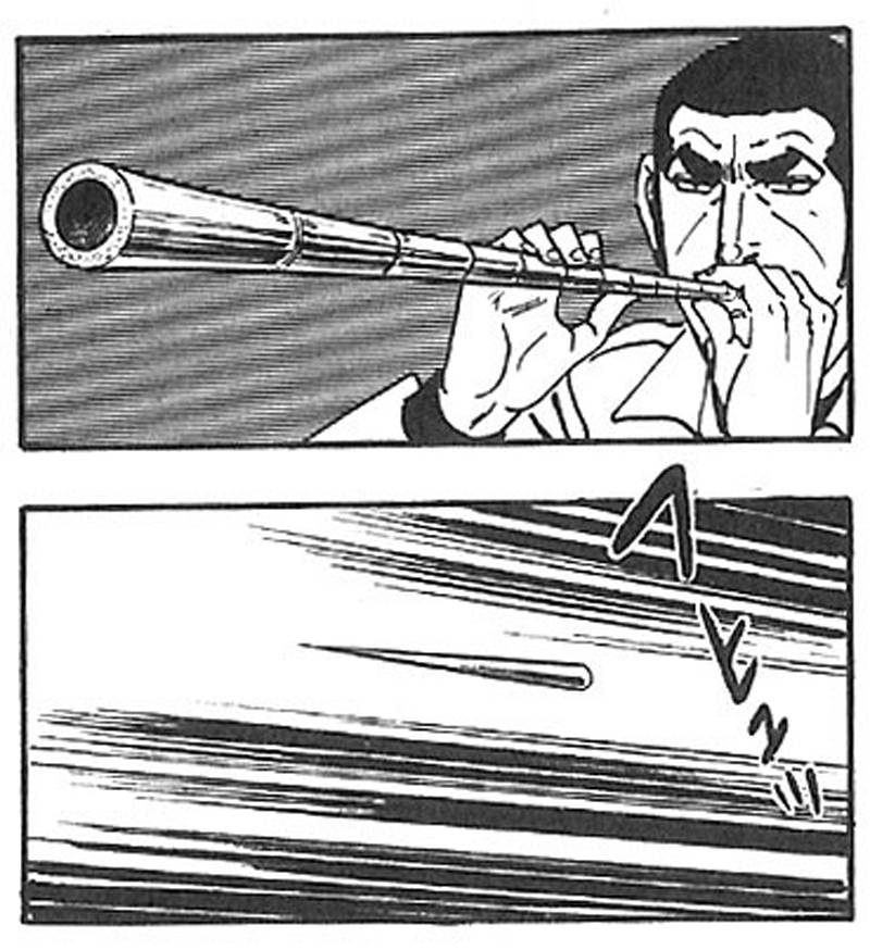 Illustration of man using ancient Japanese weapon Fukiya or blowdart