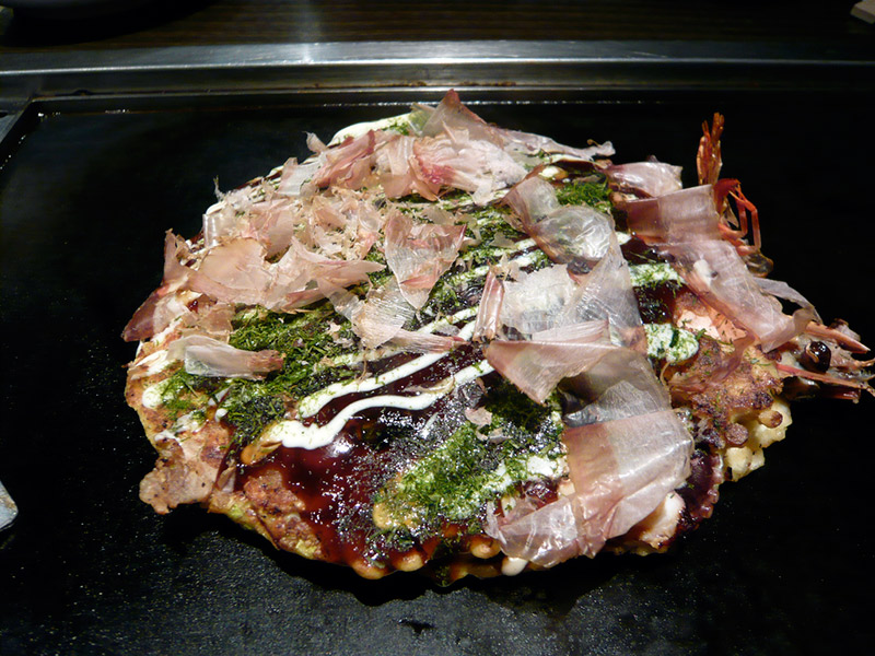 okonomiyaki in osaka with bonito flakes