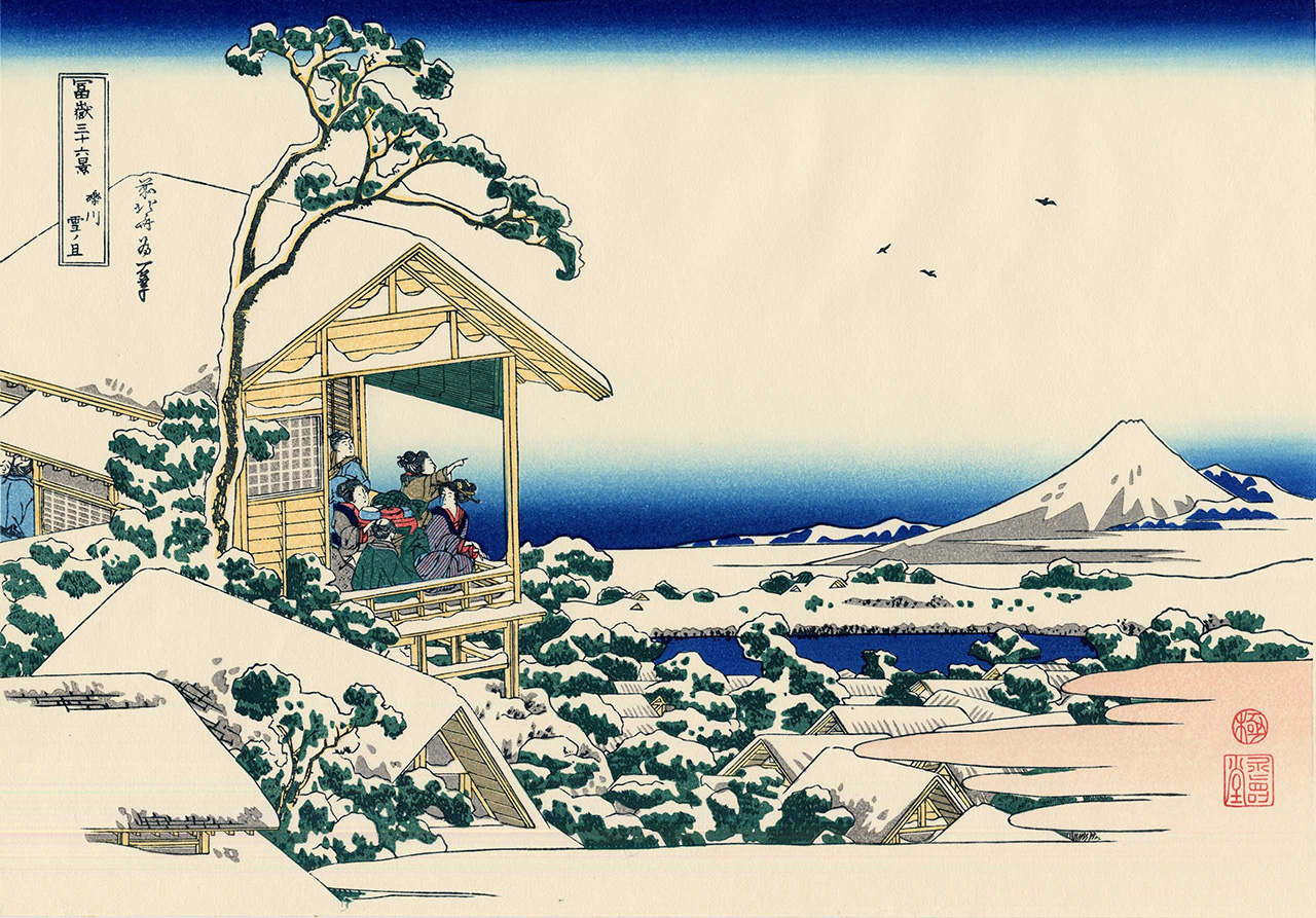 ukiyo-e print of tea house after snow by hokusai