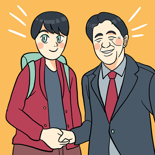 otaku shaking hands with shinzo abe