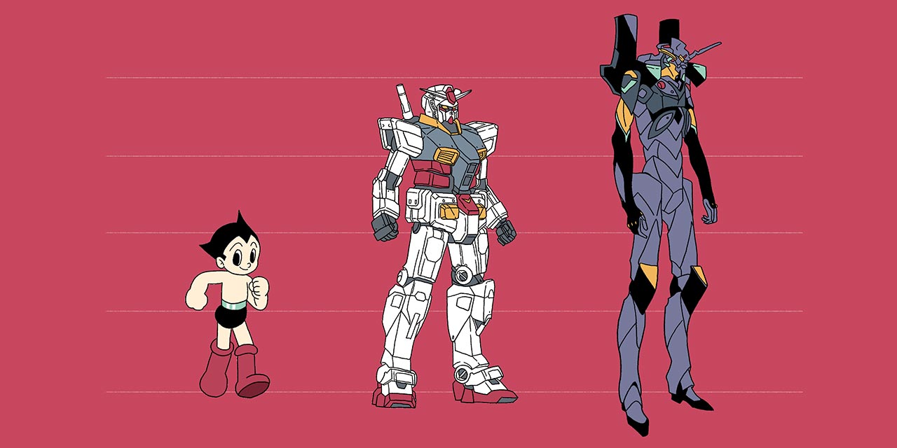 height chart comparing three japanese anime robots