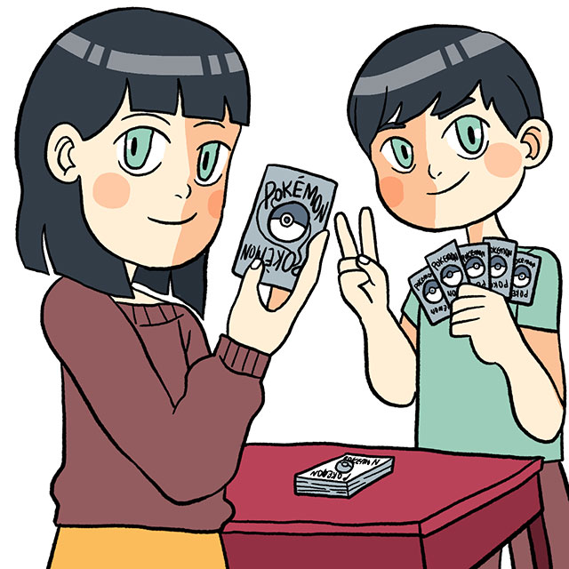 two children playing with pokemon cards