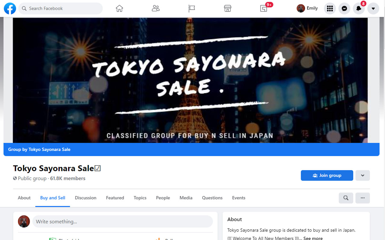 screenshot of a facebook group for the Tokyo Sayonara Sale