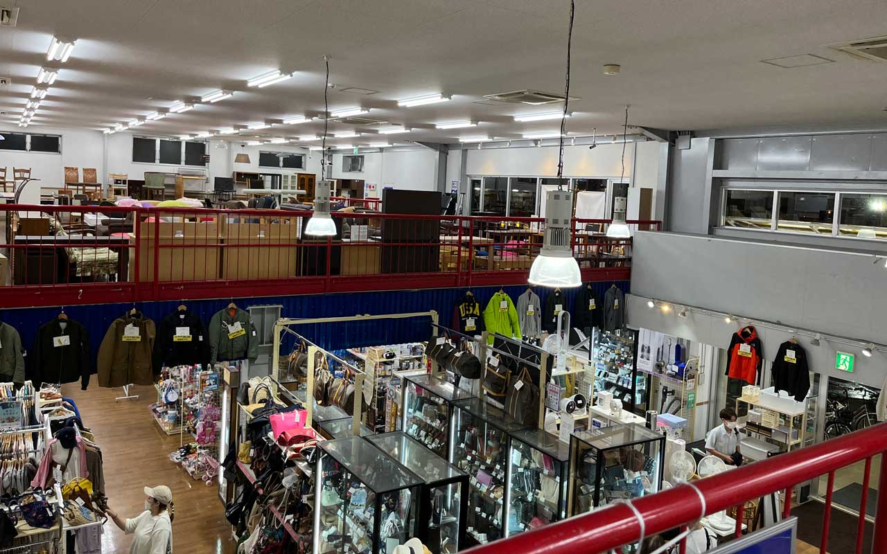 photo of a recycle shop taken from an upper floor and looking downwards