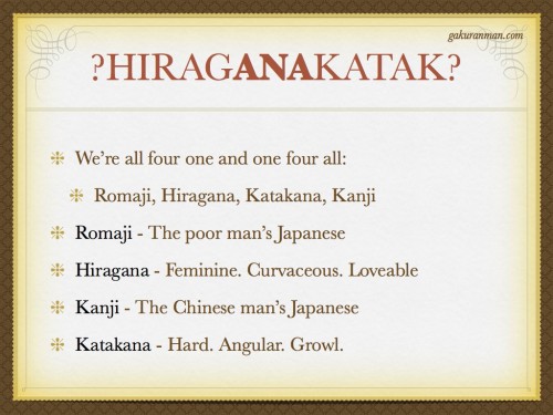 pale yellow powerpoint slide explaining romaji hiragana katakana kanji