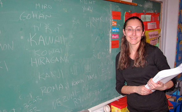female teacher by chalkboard