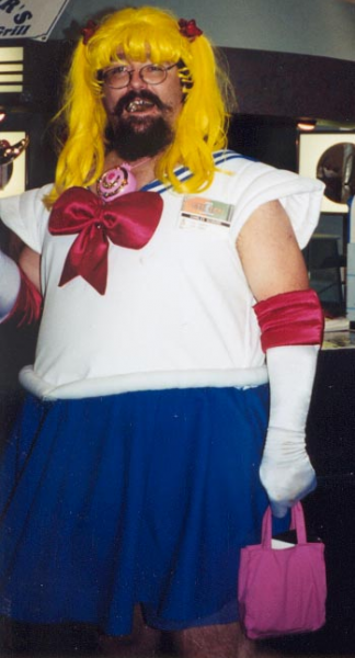 large man with beard wearing sailor moon cosplay