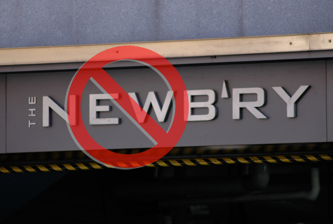 Sign for The Newbry with a 'no' symbol over it