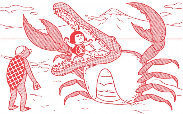 girl fighting off an aligator with the body of a crab