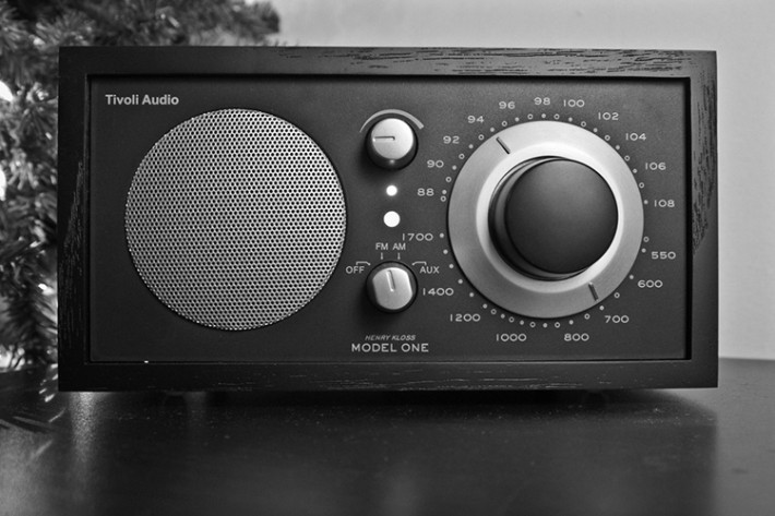 black and white old radio on a desk