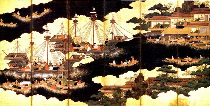 painting of Portuguese ships arriving in Japan