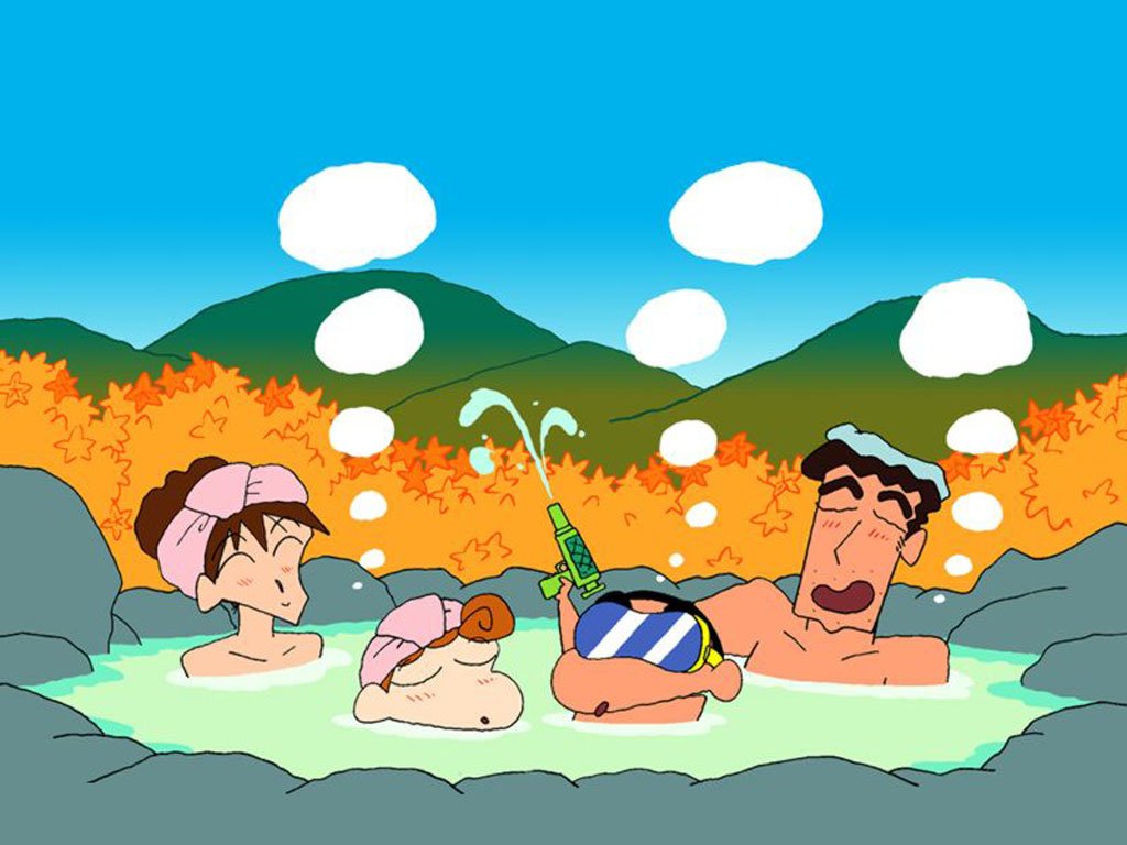 illustration of family in hot spring