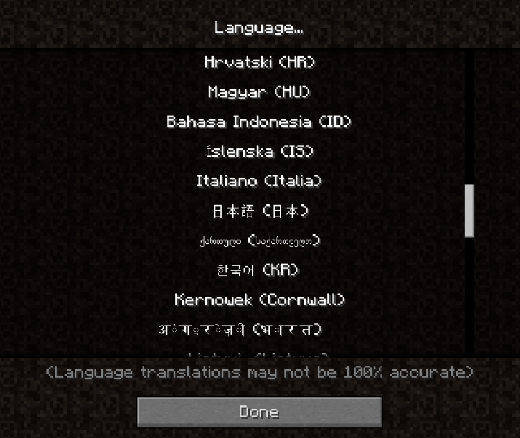 A plethora of language options available for Minecraft