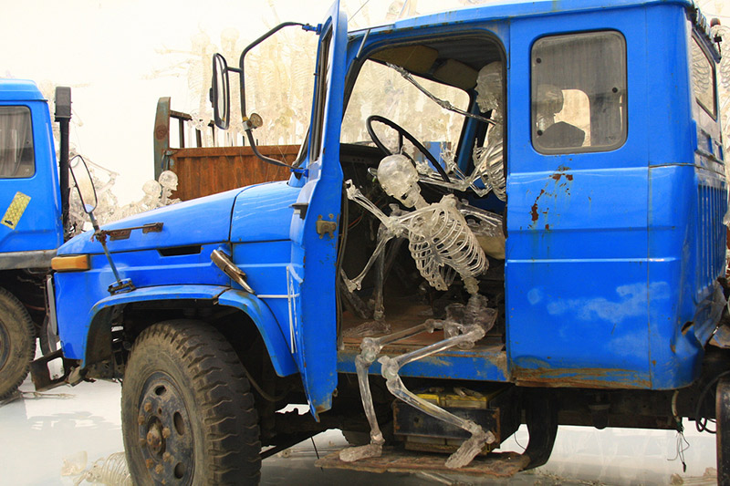 plastic skeletons inside truck cab