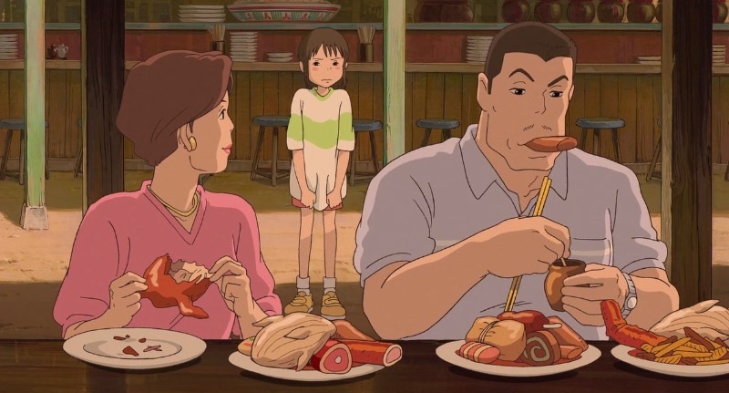 Screenshot of Chihiro’s parents eating in Spirted Away