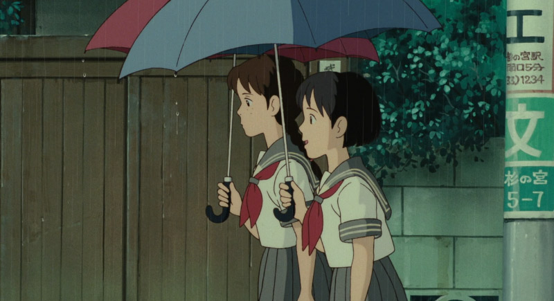 Two girls walking in the rain in Whispers of the Heart