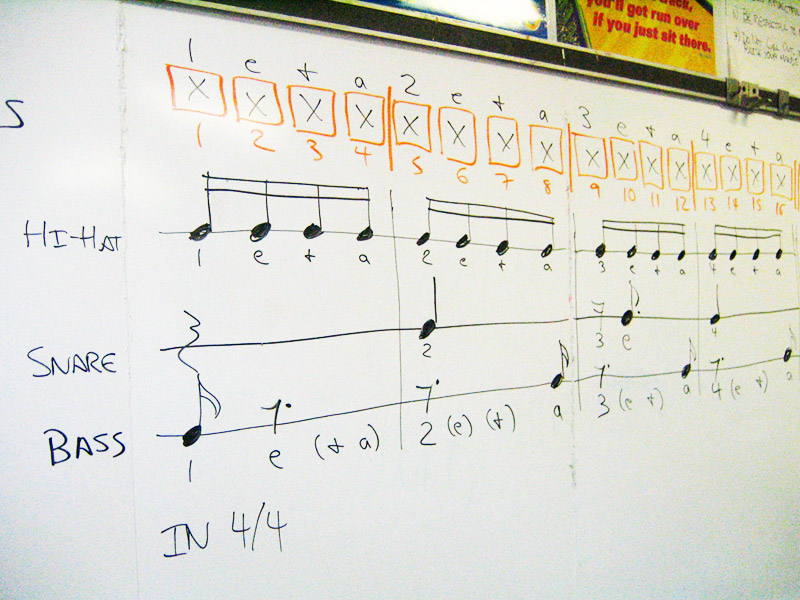 music theory on a white board drums