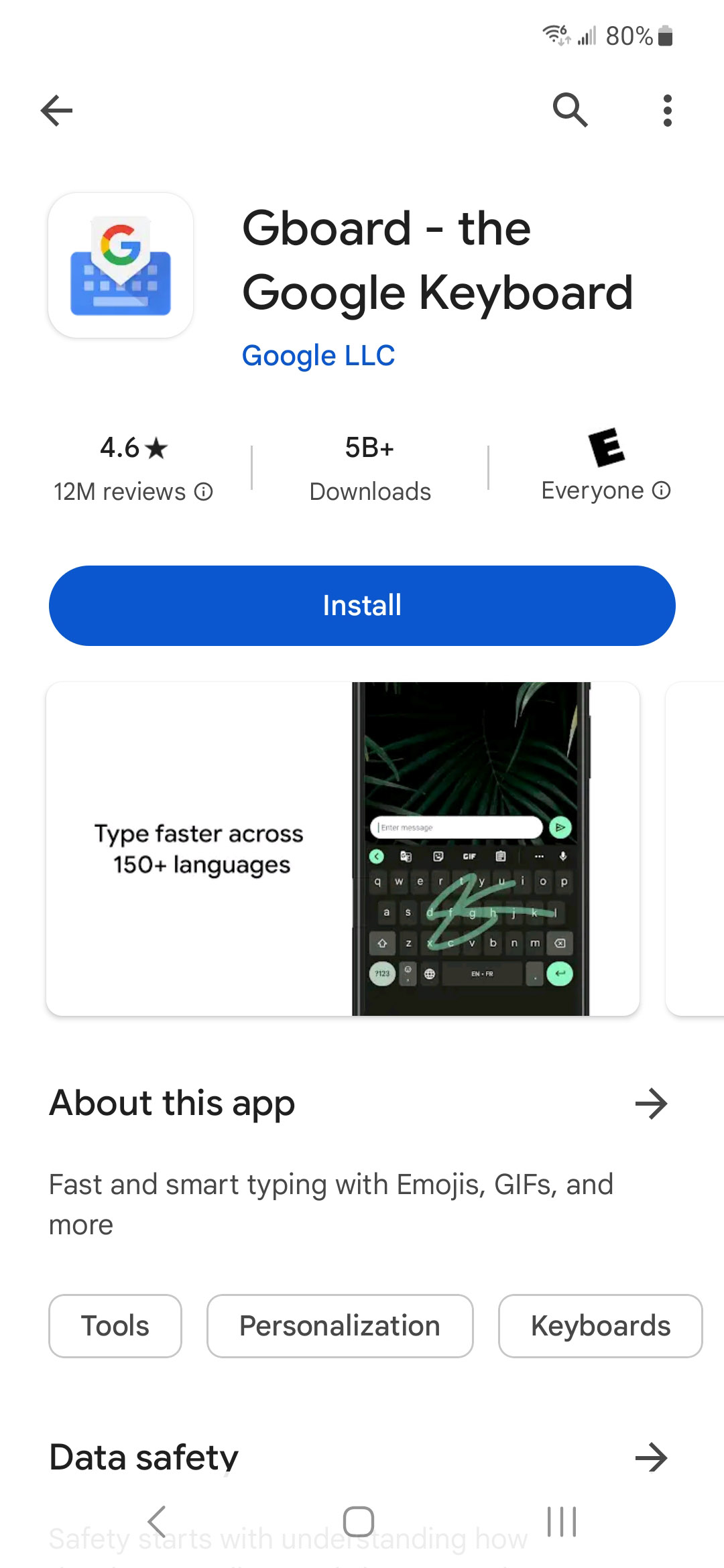 play store page for gboard