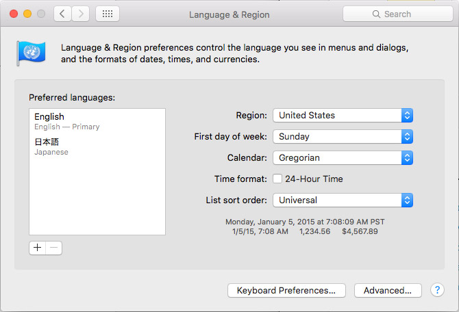 mac osx language and region dialog box