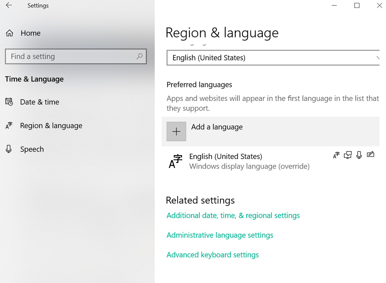 windows 10 region & language