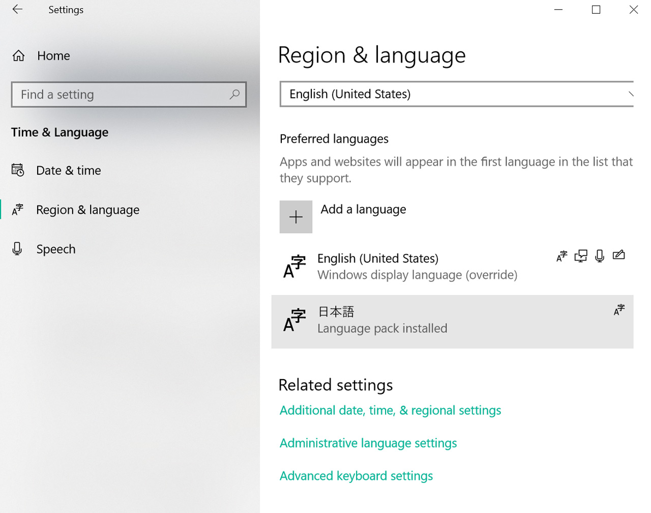 windows 10 language pack installed