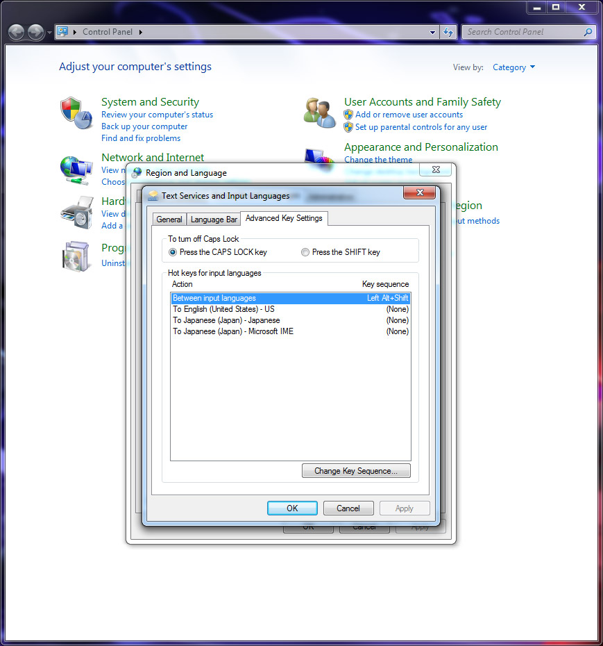 advanced key settings in windows 7