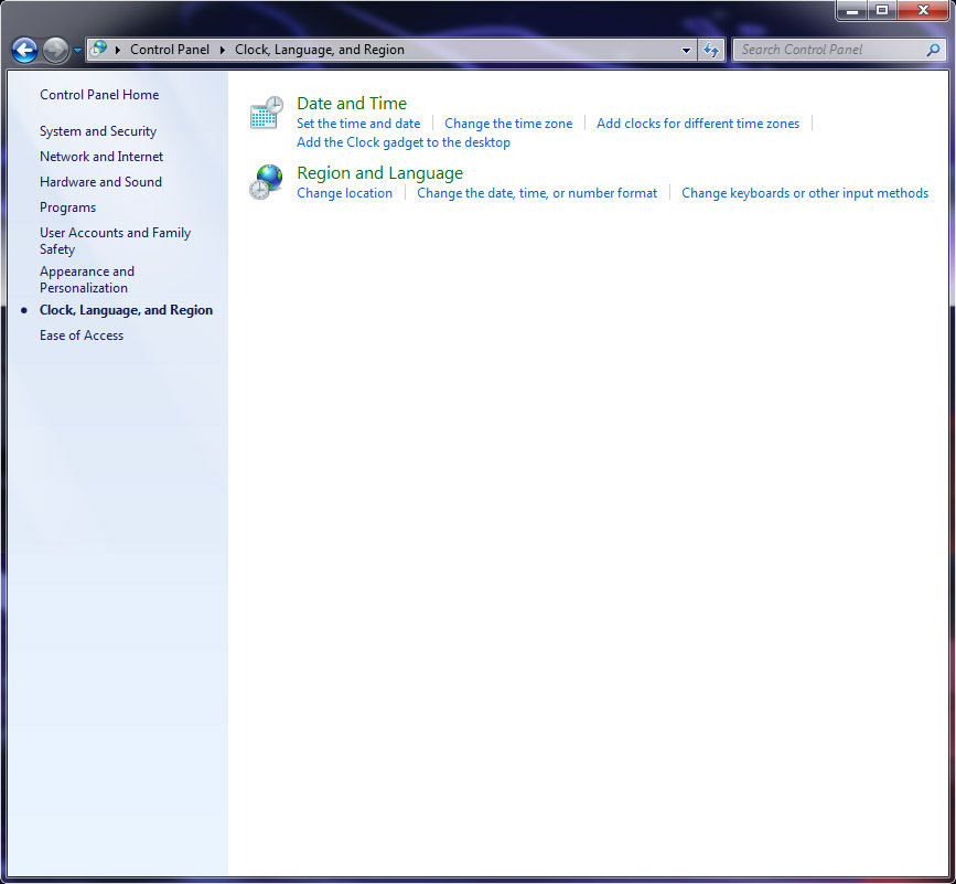clock, language, region section of windows 7