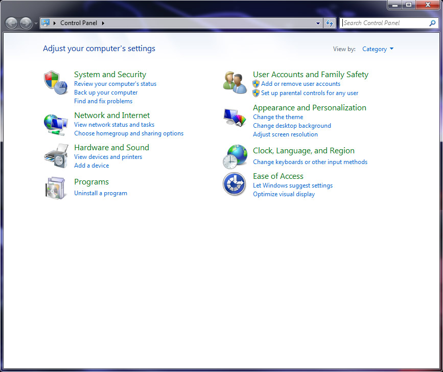 control panel for windows 7