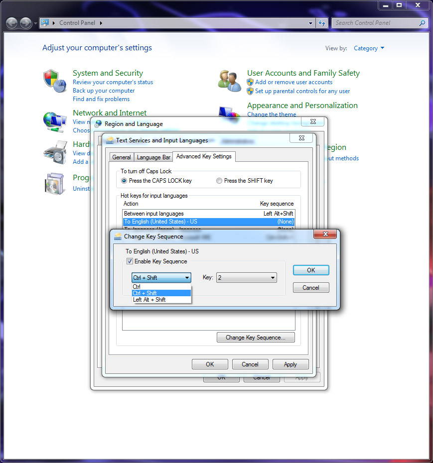 key bindings in windows 7