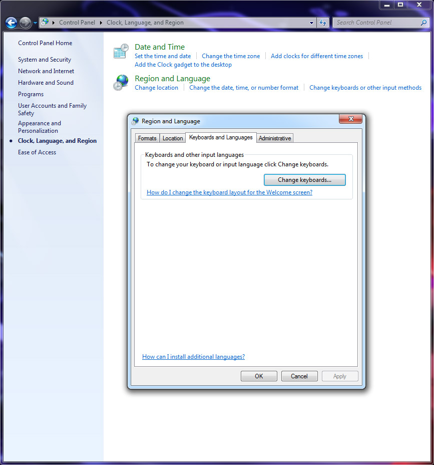 keyboards and languages setting in windows 7