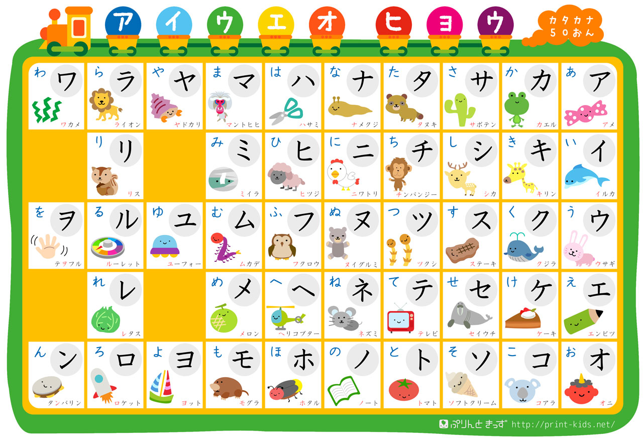 katakana learning material with cute characters