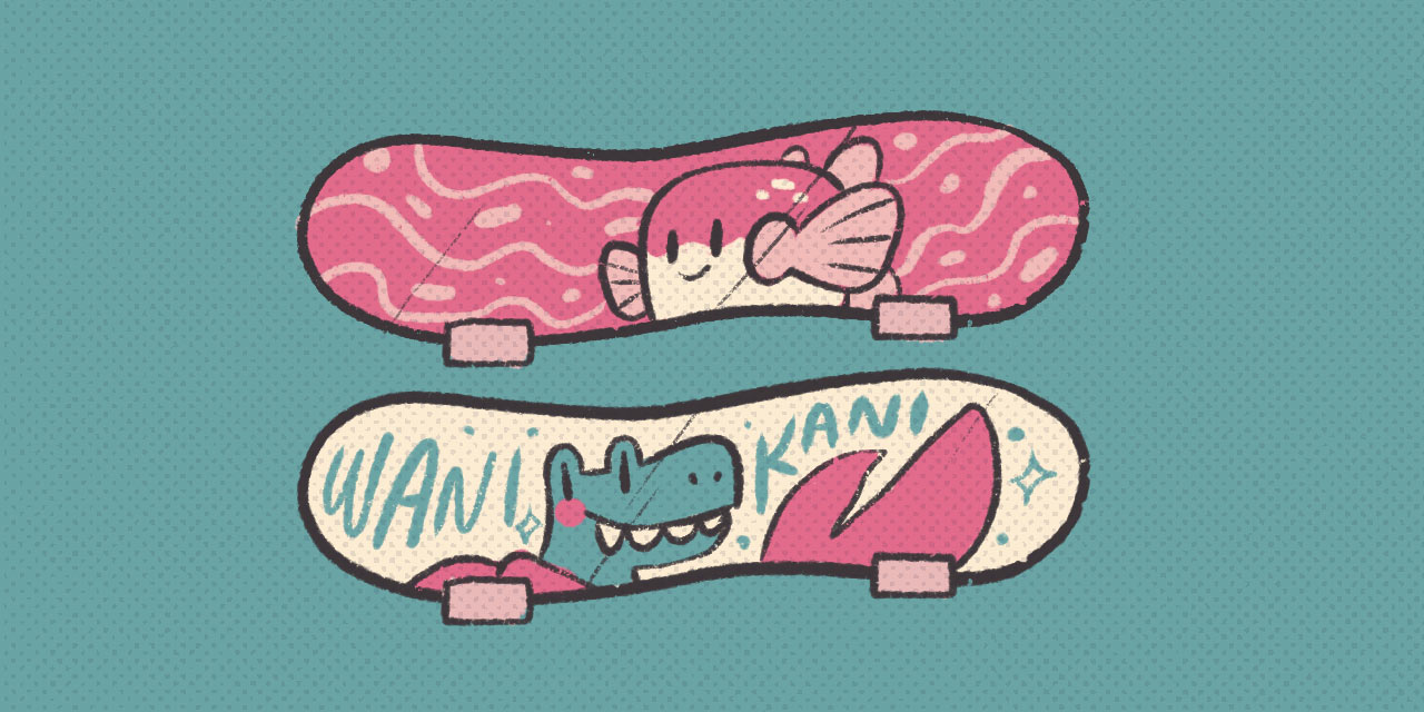 two skateboard decks with wanikani and tofugu artwork