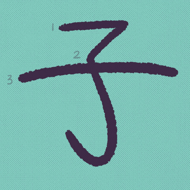 kanji with three strokes and numbers by each stroke