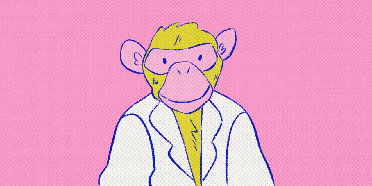 chimpanzee in white lab coat