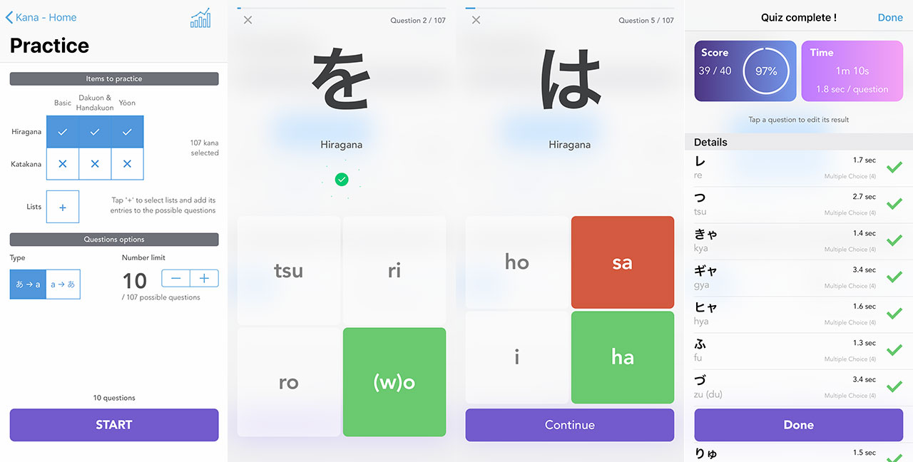 quizzes from japanese kana learning app