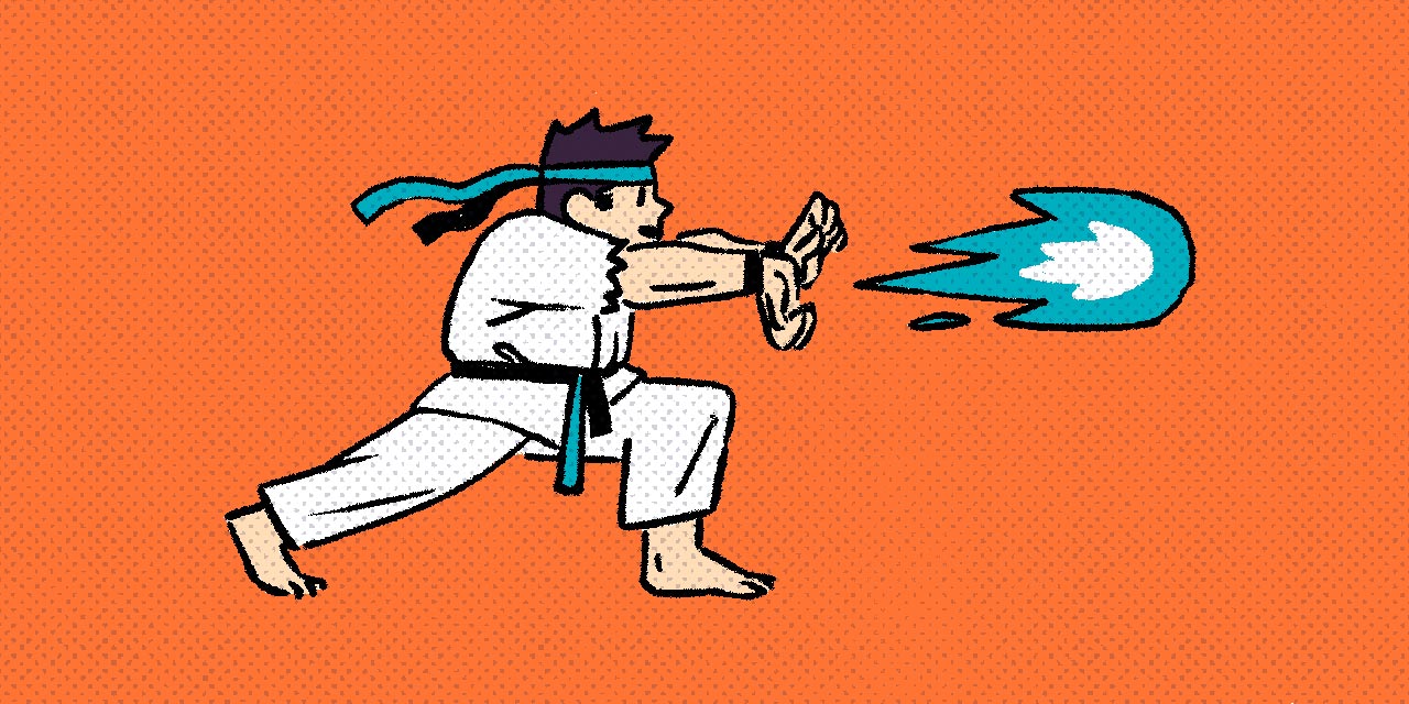 street fighter character in karate gi throwing hadouken