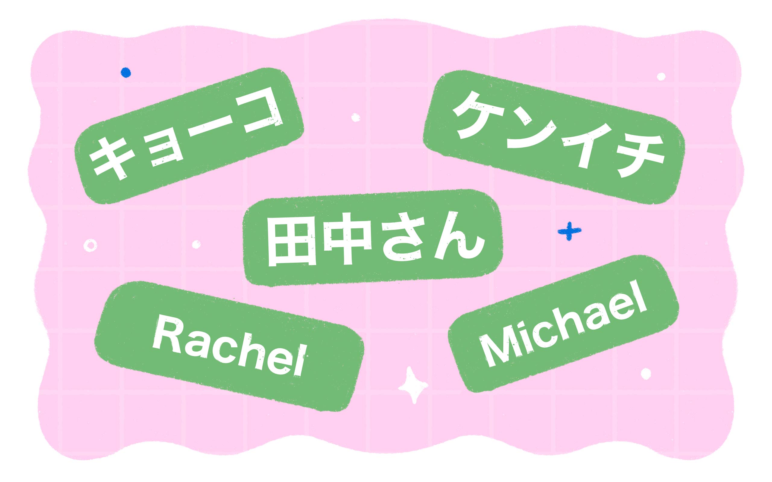 examples of names such as キョーコ, ケンイチ, 田中さん, Rachel and Michael