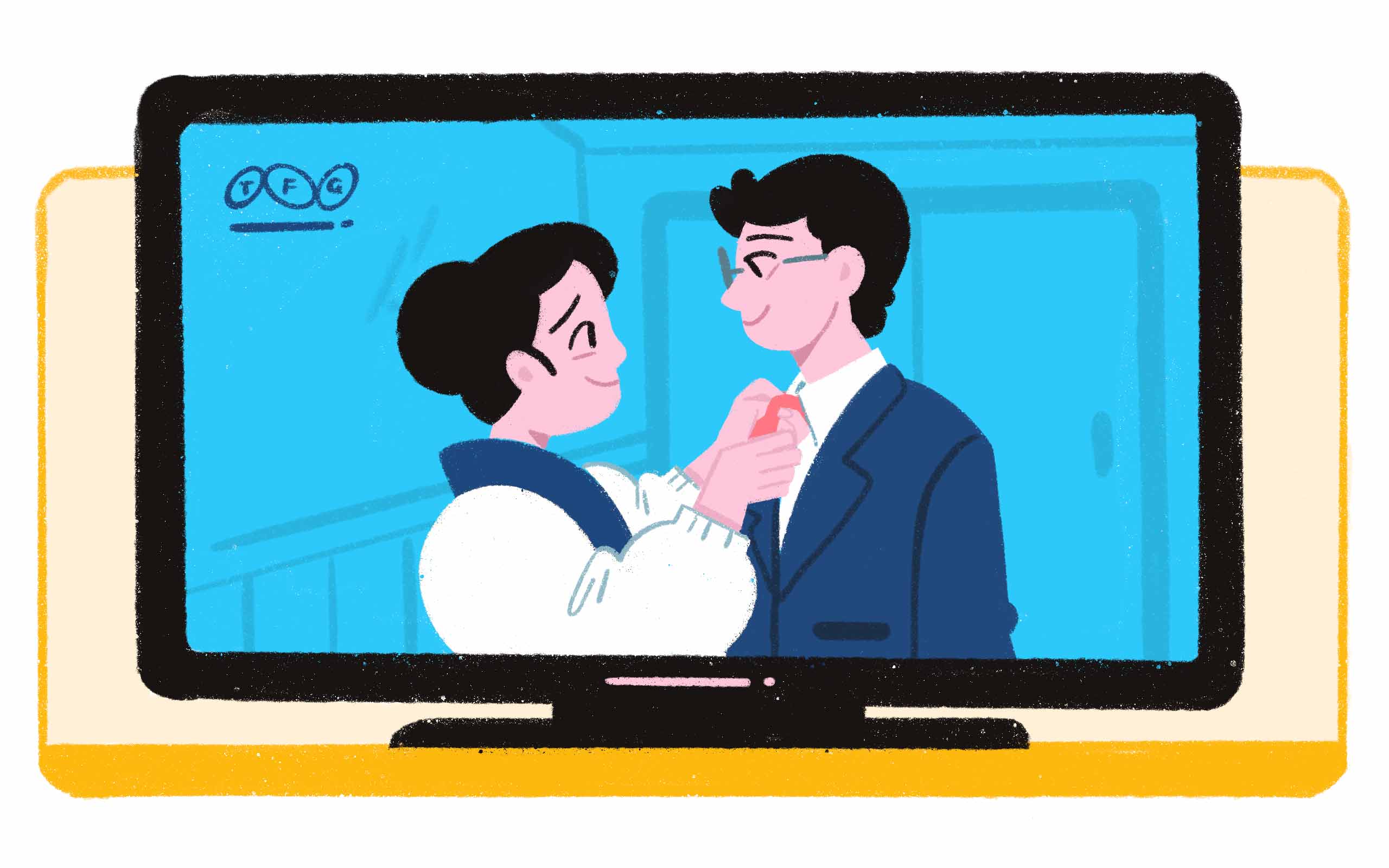 a TV monitor showing a wife fixing her husband's tie