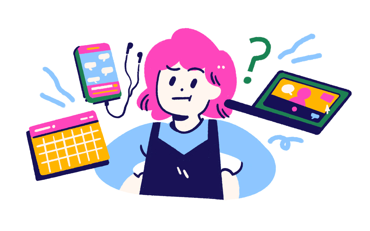 illustration of a confused person surrounded by a laptop, phone, and calendar