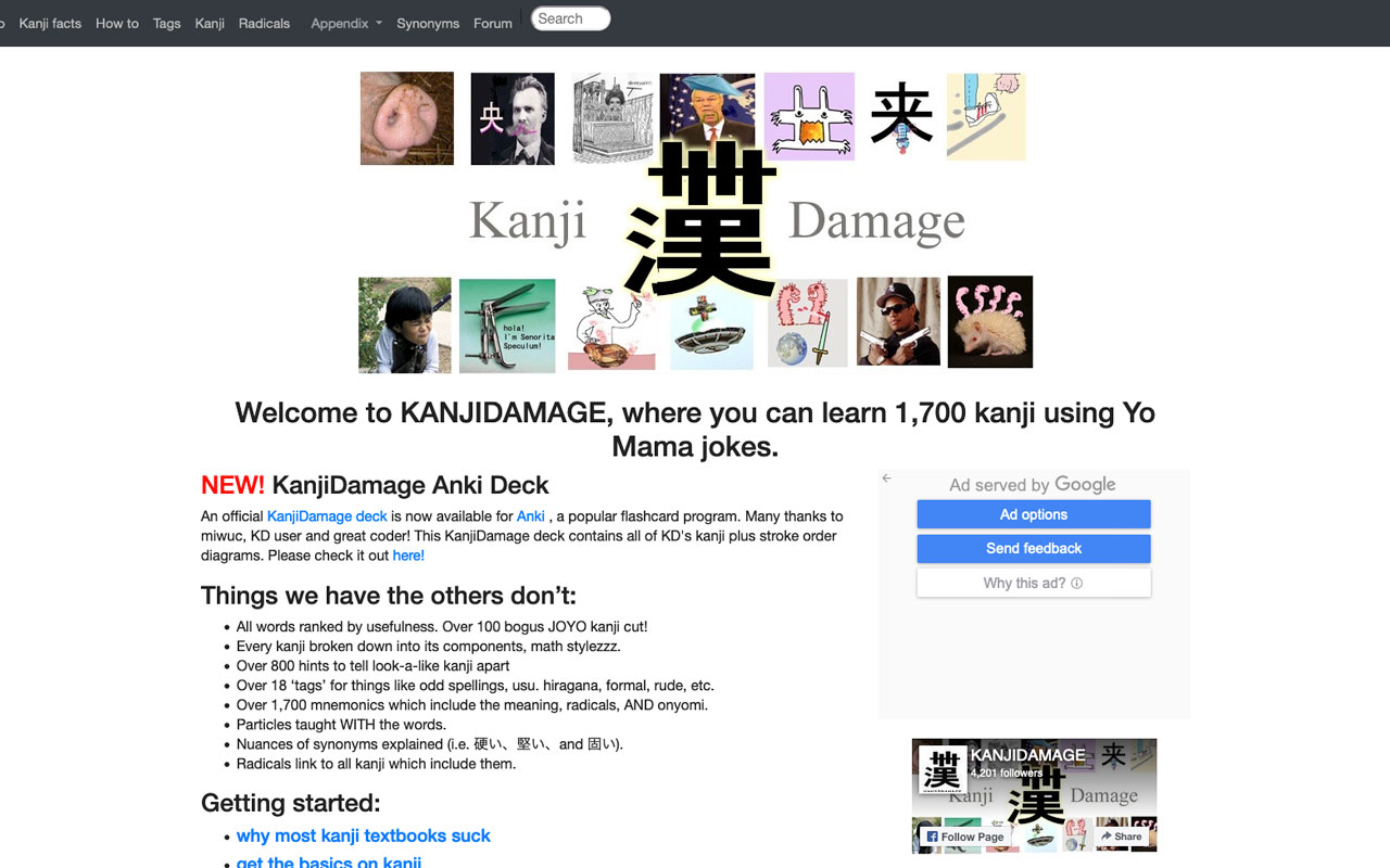 a screenshot of the kanji damage landing page