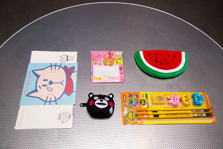 Coin purse, pencils, makeup kit and notes from Kawaii Box