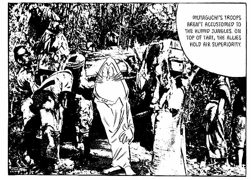 Comic panel of a mouse man standing amidst troops in the jungle.