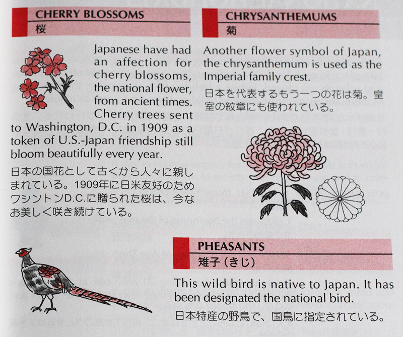 A page giving summaries on cherry blossoms, chrysanthemums and pheasants