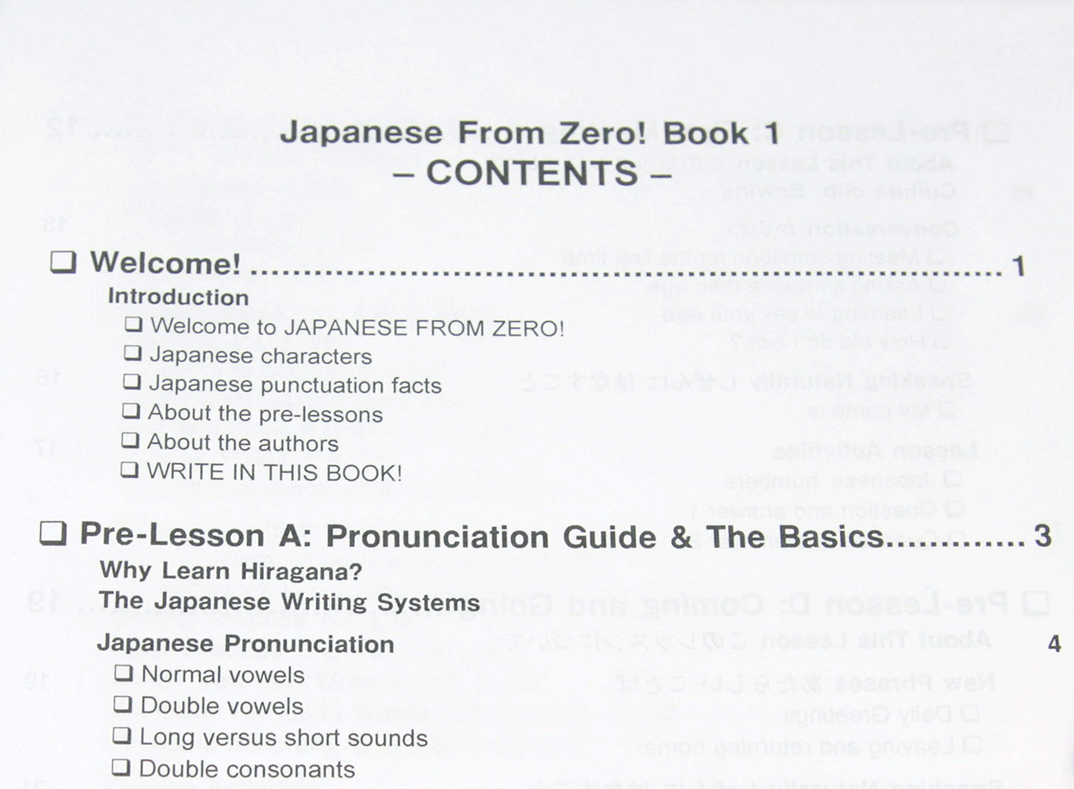 Table of contents for Japanese From Zero