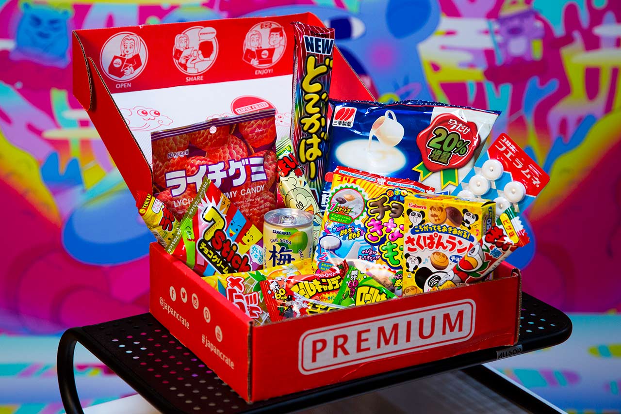 open monthly box of japanese candy on display