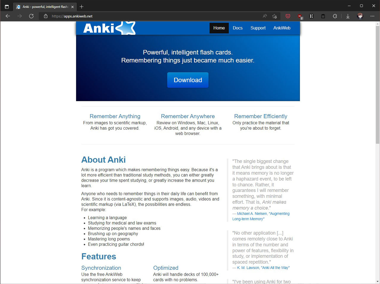 a screenshot of the anki landing page
