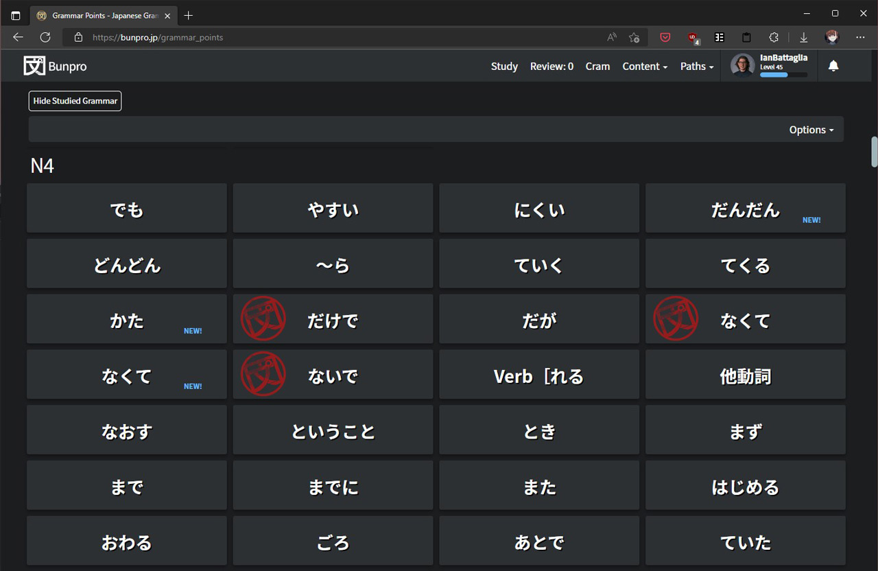 screenshot of a table containing N4 grammar points